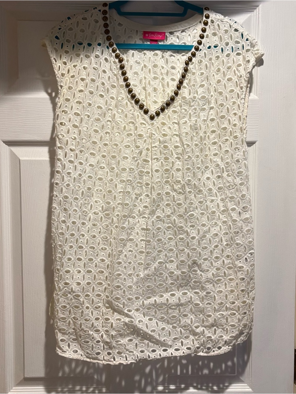 Lilly Pulitzer White Eyelet V-Neck Cover Up/Mini Dress Stud Trim Neckline S/L